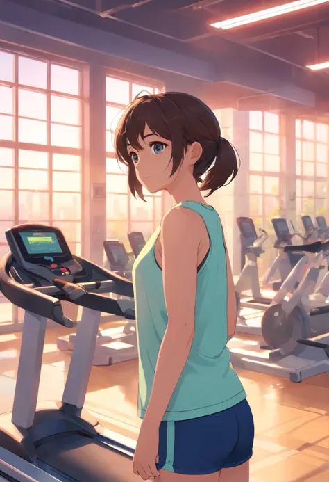 Anime girl in a gym with a treadmill and a monitor - SeaArt AI