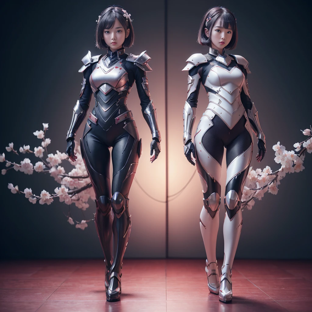 (((full body photo))) (((3girl))),  beautiful japanese young woman, wearing ninja armor, thick symmetrical features, very short hair, background is cherry blossoms, silver aura, red lips, octane render,
