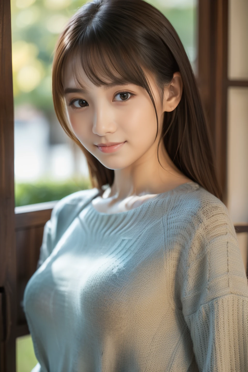 ((Best quality, 8k, Masterpiece :1.3)), 1girl, Pretty woman with emphasizing slender abs :1.3, messy hair, asymmetrical bangs, brown hair, Huge breasts :1.2, Casual outfit :1.2, Indoor, Ultra-detailed face, Detailed eyes, Double eyelid