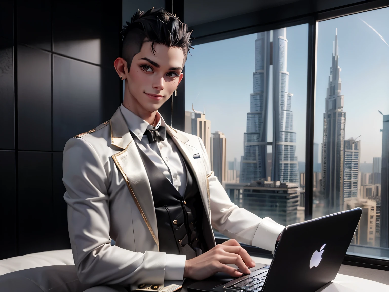 a man wearing a white tuxedo、smile, (very short shaved sides), (black mohawk hair)、Operating a MacBook、One wall is glass window、Dubai tower apartment room