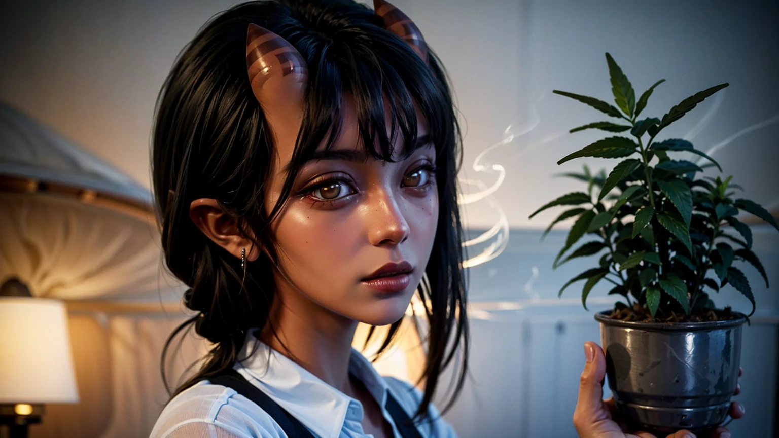 meruccubus, red oni, colored skin, red skin, pointy ears, long hair, mole, oni, blunt bangs, full body portrait in a cannabis farm and smoking a joint, a lot of cannabis plants in background  smooth light UHD, retina, masterpiece, ccurate, textured skin, anatomically correct, super detail, high details, high quality, highres, best quality, award winning, 16k