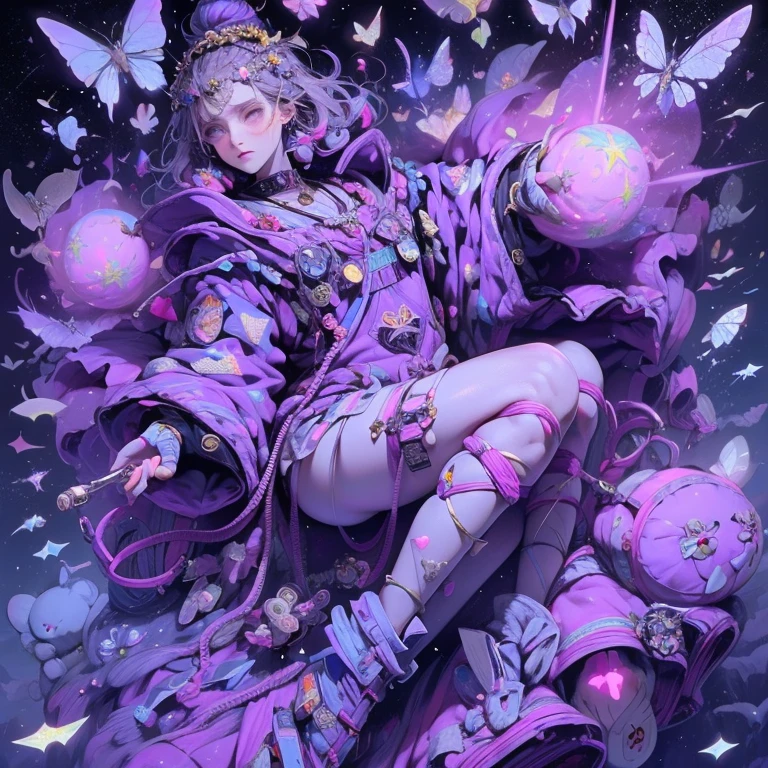 A Wraith boy with pale skin as the iris of their eye is purple with gold a little showing on top in the actual pupil is shaped like a star that is gold wearing a light purple lipstick with eyeshadow and little golden stars attached to on to the eyeshadow that looks almost as if it was painted on with light blue pink in the center and and purple hair long hair in a undercut that's flipped to one side their arms kind of looking like they were split at the joints so he could move with fabric hiding the split his nails painted gold with a Aurora Borealis design painted onto the gold a very feminine body shape and a tides full body shoe showing off their body and thighs and a crop top that is pink with a snow pattern and clouds and then a pair of short shorts overalls that are purple with golden patterns of stars on it with light pink clouds and then a jacket with giant fluffy Samurai sleeves that is dark blue on top with the center and going diagonal a design of the Aurora Borealis and then light blue on the bottom with snowflakes sewn on and a gold outline design on it on the outer border of the jacket and on the back there is a rocket ship and a planet designed onto it and a giant Hood with a polar bear design and  a black cloak with gold designed and breaded into it and also on his body stitches going across their throat and wrist

