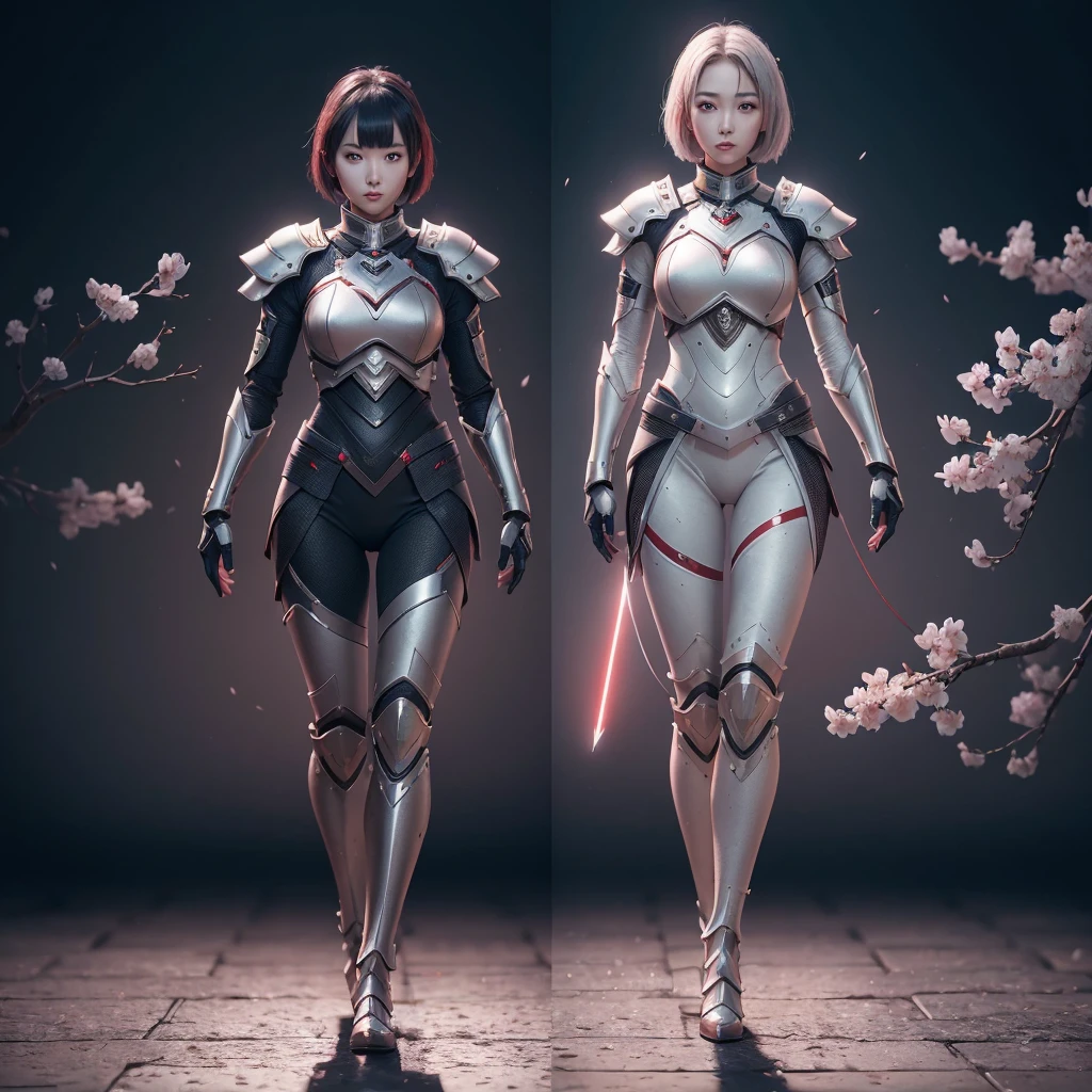(((full body photo)))
beautiful japanese young woman, wearing ninja armor, thick symmetrical features, very short hair, background is cherry blossoms, silver aura, red lips, octane render,