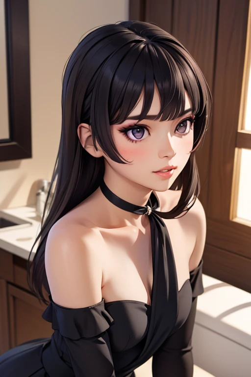 Detailed art, art sketch, sketch drawing, girl with Brazilian and Asian features, Japanese-like eyes, small and elegant lips, wavy hair with long bangs that extend a little past her light brown shoulders, deep gray eyes, makeup soft in purple and black eyes, elegant broad shoulders, elegant black dress