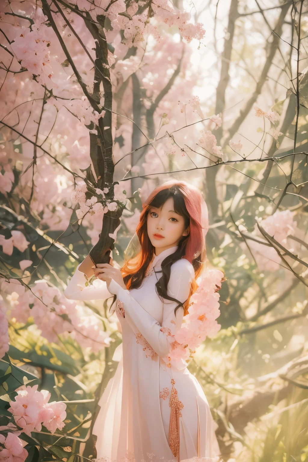 an 8K quality photo of a very beautiful Vietnamese woman in a traditional Vietnamese ao dai. She gets light makeup, stand out and pose elegantly. Her face is graceful and good-looking, creating a traditional beauty of Vietnamese women. She is standing in an old castle, holding a bouquet of bright pink lotus flowers. Her tunic is similarly pastel pink, Create a quiet and soothing space. The photo was taken with extreme detail, Make sure every aspect of the photo is sketched with incredible accuracy. The photo does not have any errors in the face, hands and feet, and overall a beautiful and captivating photo. The photo material is designed in an ancient style, with retro and vintage colors, Create a classic and luxurious space. Associated with this scene are works by famous painters and photographers such as Leibovitz, Ansel Adams, và Edward Hopper, along with other artists such as Claude Monet and Georgia O'Keeffe