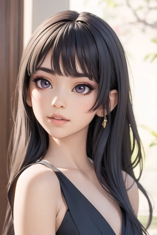 Detailed art, art sketch, sketch drawing, girl with Brazilian and Asian features, Japanese-like eyes, small and elegant lips, wavy hair with long bangs that extend a little past her light brown shoulders, deep gray eyes, makeup soft in purple and black eyes, elegant broad shoulders, elegant black dress