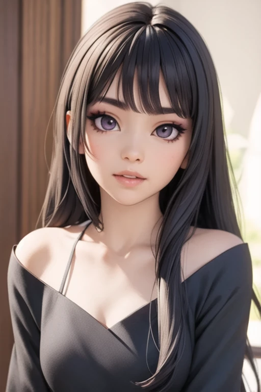 Detailed art, art sketch, sketch drawing, girl with Brazilian and Asian features, Japanese-like eyes, small and elegant lips, wavy hair with long bangs that extend a little past her light brown shoulders, deep gray eyes, makeup soft in purple and black eyes, elegant broad shoulders, elegant black dress