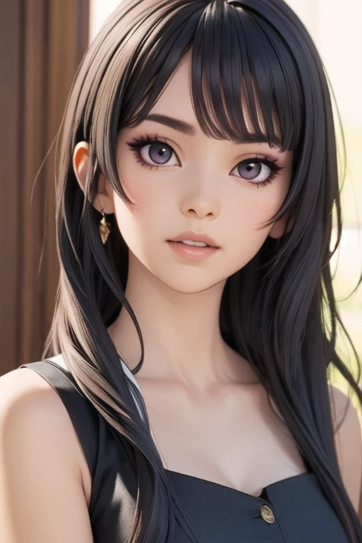 Detailed art, art sketch, sketch drawing, girl with Brazilian and Asian features, Japanese-like eyes, small and elegant lips, wavy hair with long bangs that extend a little past her light brown shoulders, deep gray eyes, makeup soft in purple and black eyes, elegant broad shoulders, elegant black dress