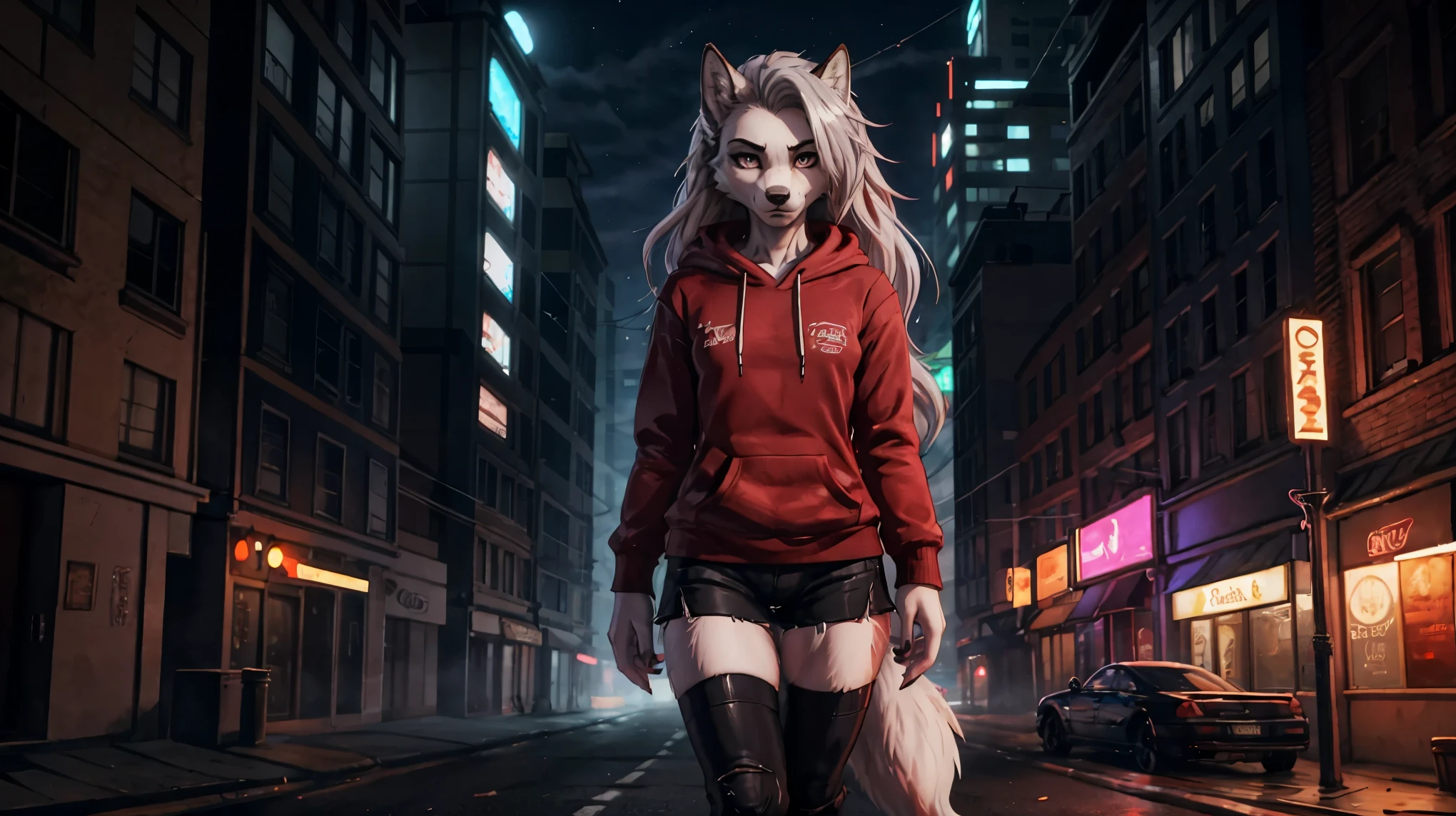 Loona, female, wolf, anthro, long white hair, light grey eyes, wearing a red hoodie, walking in a street, abandoned city at night, serious, foggy, creepy ambience, scary, omnious, red tint, extremely detailed, solo, beautiful, high quality, 4K, 8K, HDR