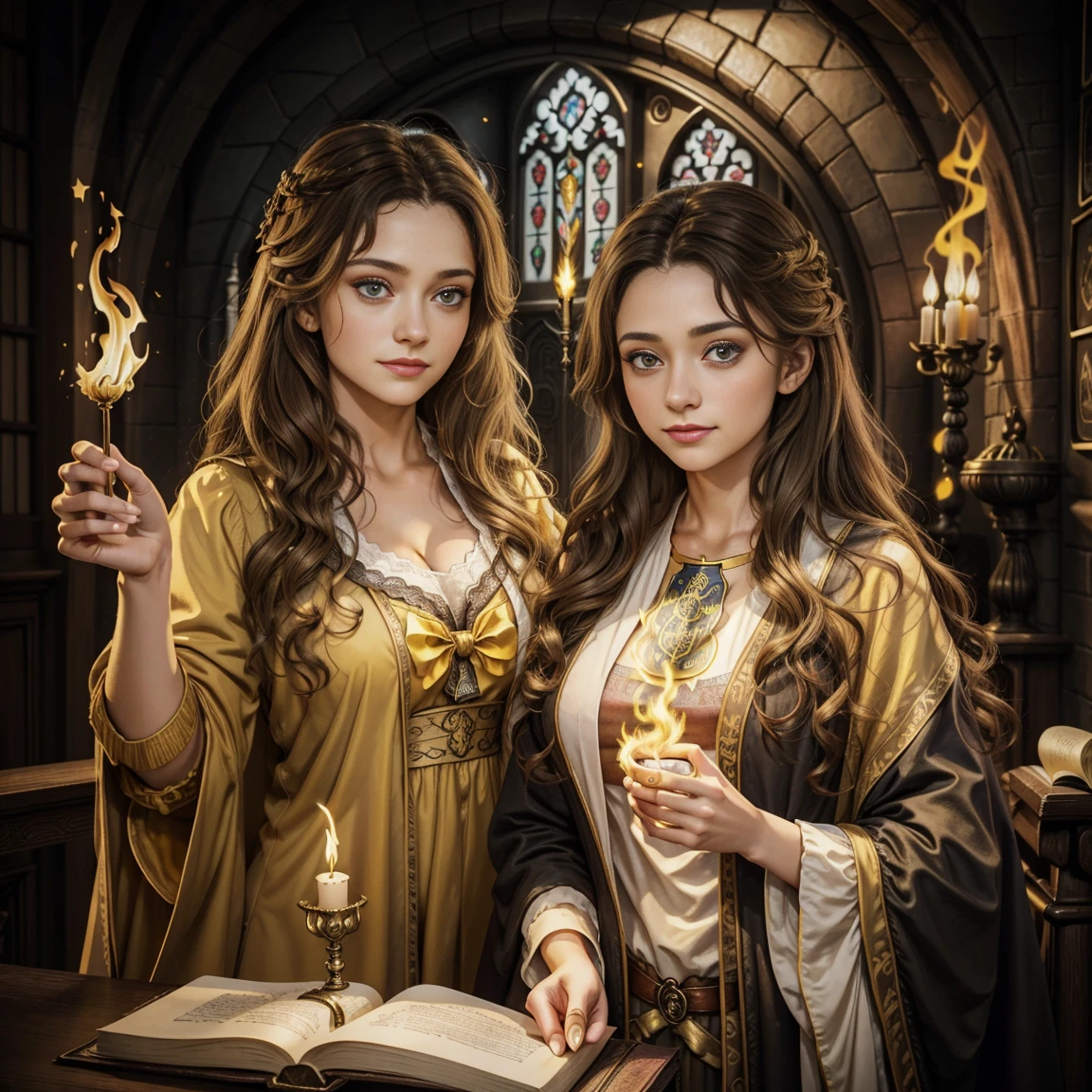 28 years,a beautiful young woman, long brown braided hair, Hogwarts House Hufflepuff, long yellow cape, bare breasts, (Hogwarts Nightgown), golden badger chain around the neck, Hogwarts in the background, holds yellow fire in his hand, Hand burns yellow,(front-facing)