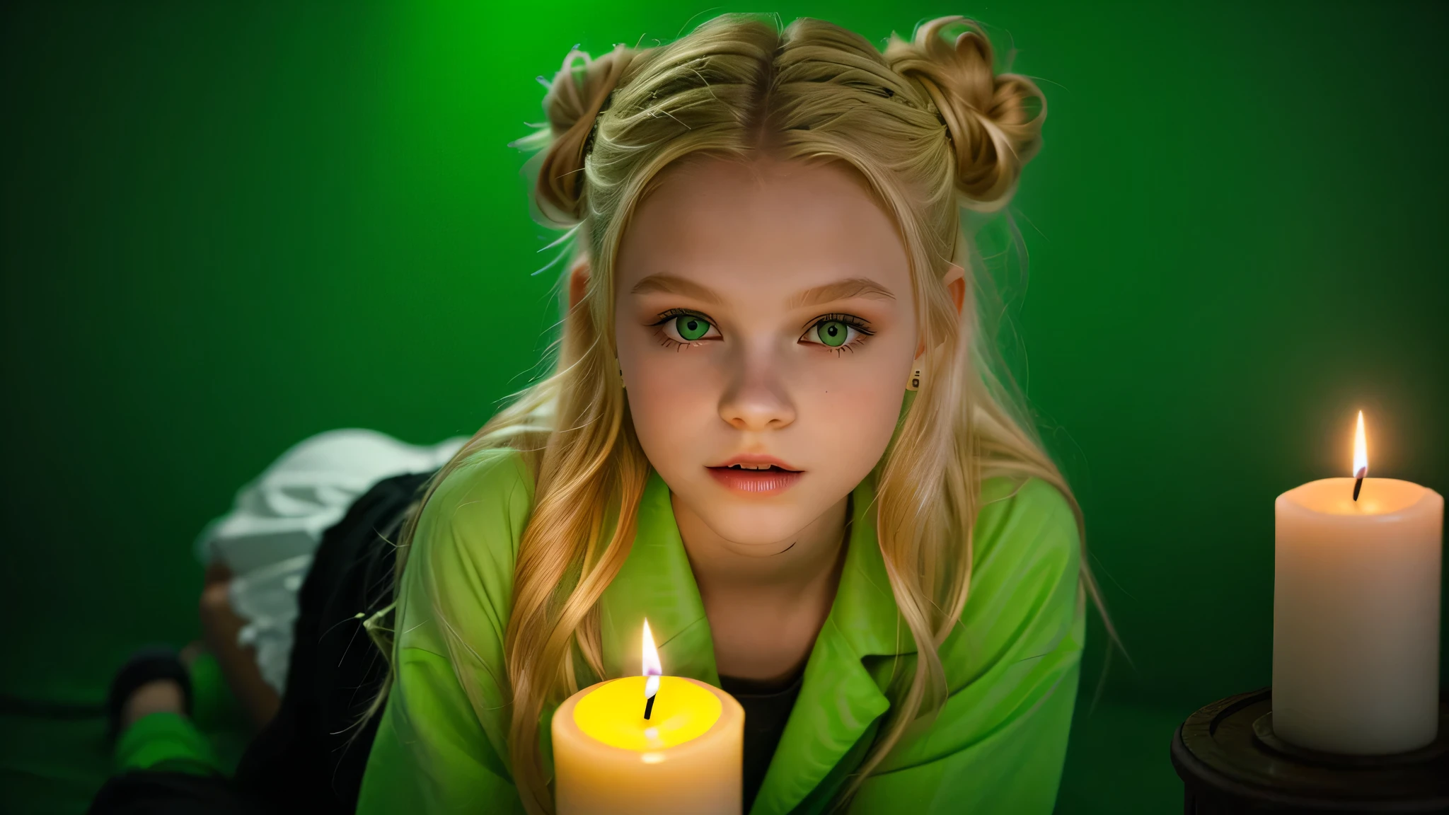 KIDS GIRL vampire blonde HAIR BUN green clothes. and candles, green light candles., GREEN BACKGROUND banished of sin