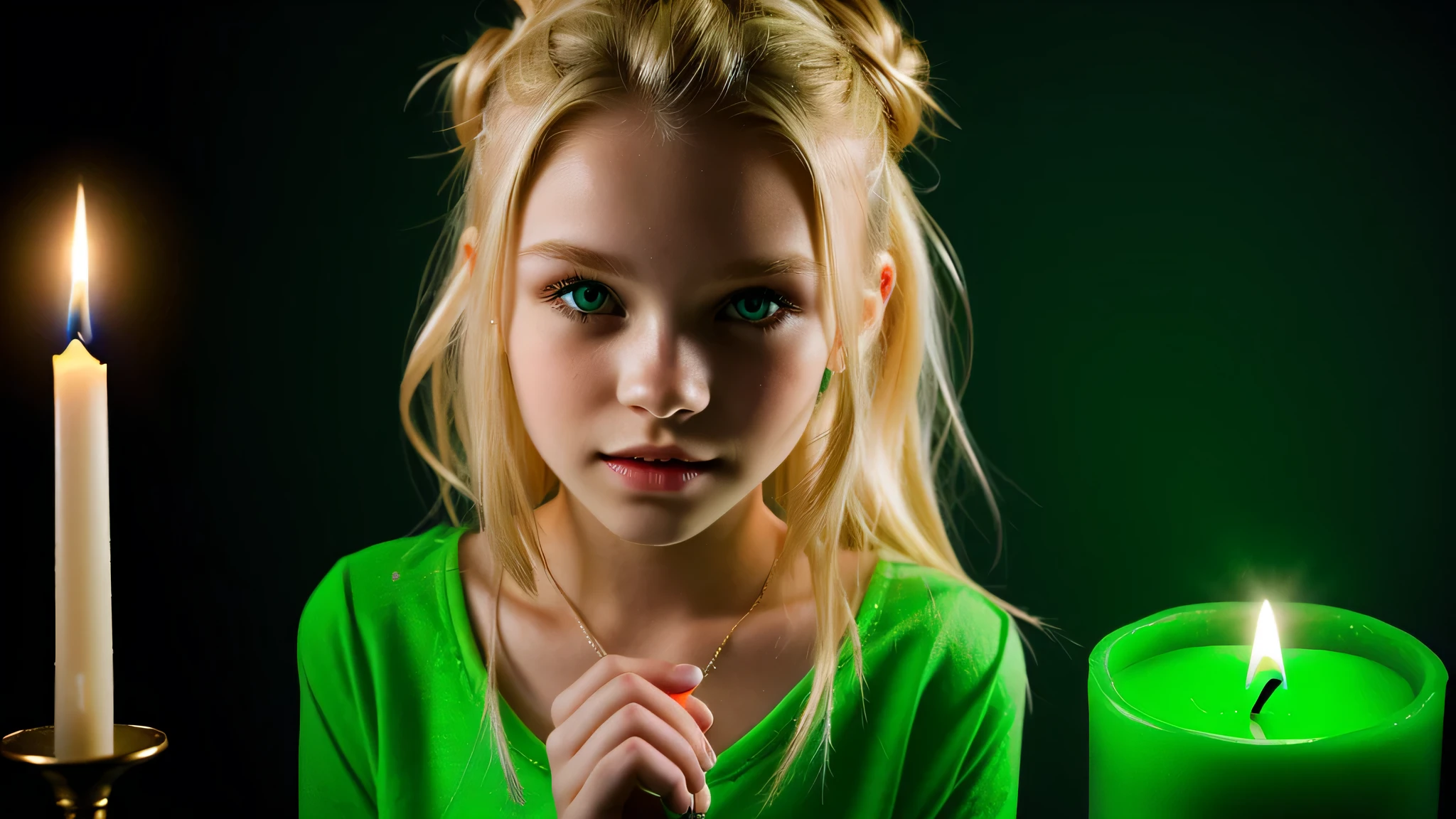 KIDS GIRL vampire blonde HAIR BUN green clothes. and candles, green light candles., GREEN BACKGROUND banished of sin