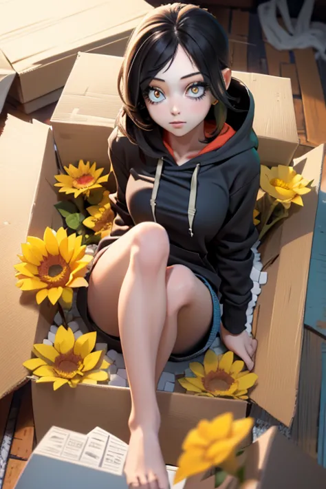 (masterpiece, exquisite beautiful eyes: 1.5), masterpiece ,1 girl,cute girl,(red eyes),small breasts,hoodie, insidebox, boxrelax...