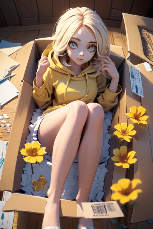 (masterpiece, exquisite beautiful eyes: 1.5), masterpiece ,1 girl,cute girl,(red eyes),small breasts,hoodie, insidebox, boxrelaxed, in box, in container, inside cardboard box, box with packing peanuts,yellow flower:1.2