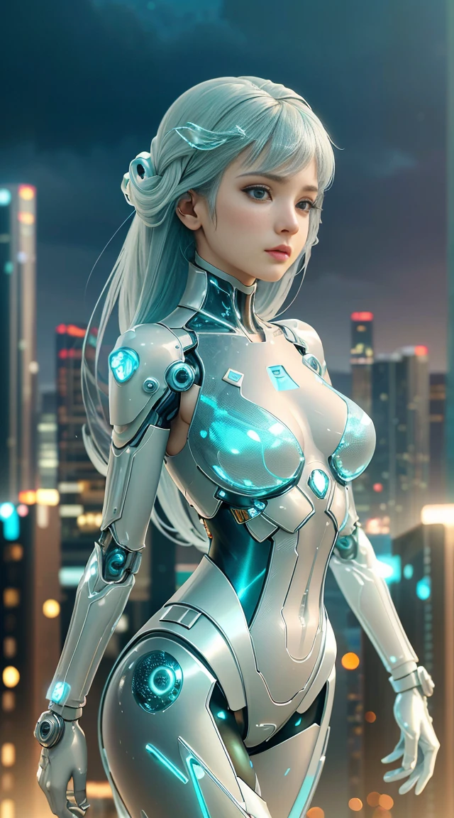 Translucent ethereal mechanical girl，Futuristic girl，Mechanical joints，futuristic urban background，ModelShoot style, (Extremely detailed Cg Unity 8K wallpaper), The beauty of abstract stylization,，surrealism, 8K, Super detail, Best quality, Award-Awarded, Anatomically correct, 16k, Super detail