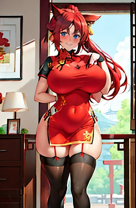 masterpiece, best quality, 1girl, standing, full body, red hair, blue eyes,  (qipao:1.2), (red chinese dress:1.2), (gigantic breasts:1.2),(wide hips:1.2),(thick thighs:1.2),  black panties, black underwear ,smile,thighhighs,(blush:1.2),indoors,choker, slen...