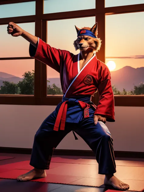 barefoot jason clawson is doing a kick with his leg, wearing black karate kimono with red belt, red headband bandana, long pants...