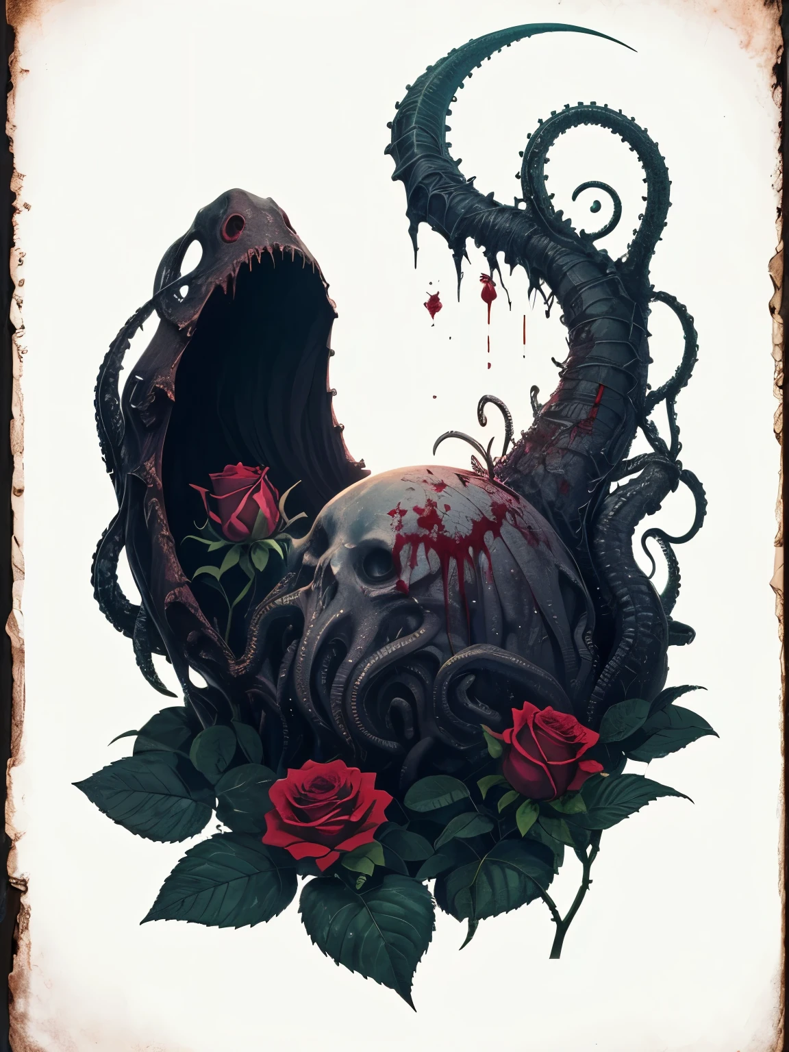An eerie and mysterious depiction of Cthulhu on a white background, accompanied by a sick rose, a blood sickle, a void, an invisible worm, and a honeysuckle, with the sentence "Lovecraft's Secret Domain" written on the foreground, Vintage photorealistic color painting, using a variety of colors to create a vintage effect