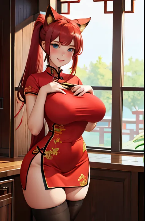 masterpiece, best quality, 1girl, standing, full body, red hair, blue eyes,  (qipao:1.2), (red chinese dress:1.2), (gigantic breasts:1.2),(wide hips:1.2),(thick thighs:1.2),  black panties, black underwear ,smile,thighhighs,(blush:1.2),indoors,choker, slen...