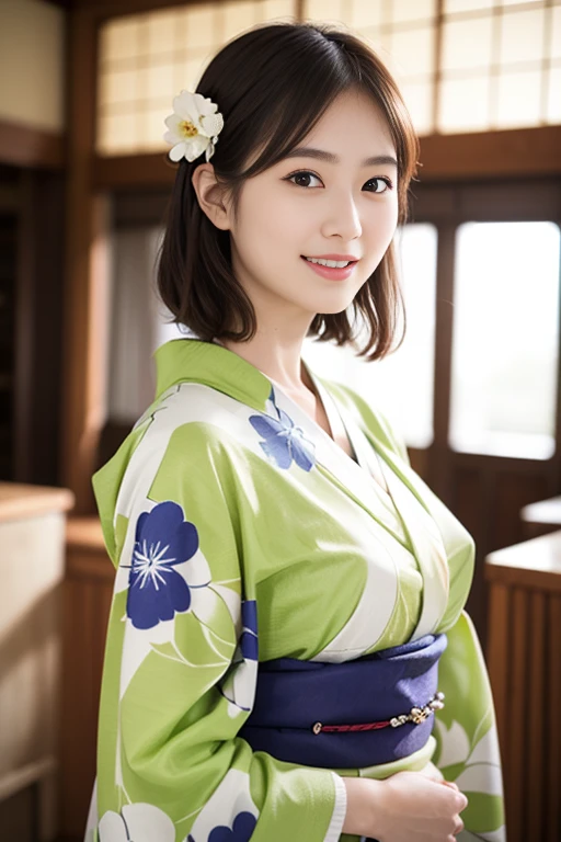((top-quality、​masterpiece、photographrealistic:1.4、in 8K))、beautiful japanese female１a person、２5years old、Beautiful short hair、delicate and beautiful face、Eyes and faces with detailed 、Beautiful lighting、Shy laughter、Textured skin、Super Detail、high detailing、High quality、hight resolution、(Kimono:1.3)、bangss、Colossal tits:1.2)、Engaging pose、Slim waist、natural soft light