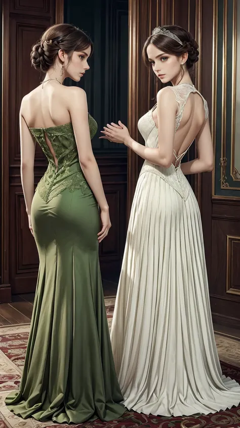 ((high quality work)), The lines are clear and concise., Green dresses and beautiful pleated lace complement each other, Enriche...