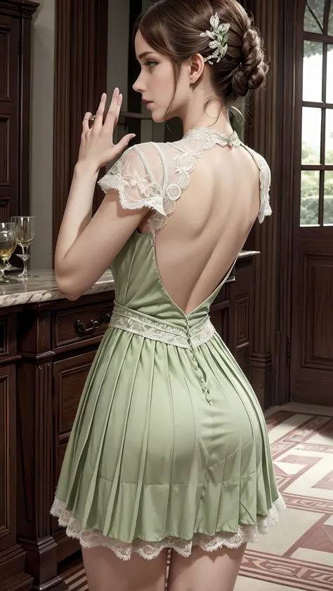 ((high quality work)), the lines are clear and concise., green dresses and beautiful pleated lace complement each other, enriche...