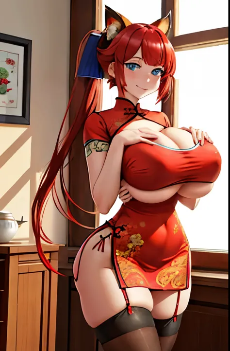 masterpiece, best quality, 1girl, standing, full body, red hair, blue eyes, (qipao:1.2), (red chinese dress:1.2), (gigantic breasts:1.2),(wide hips:1.2),(thick thighs:1.2), black panties, black underwear ,smile,thighhighs,(blush:1.2),indoors,choker, slende...