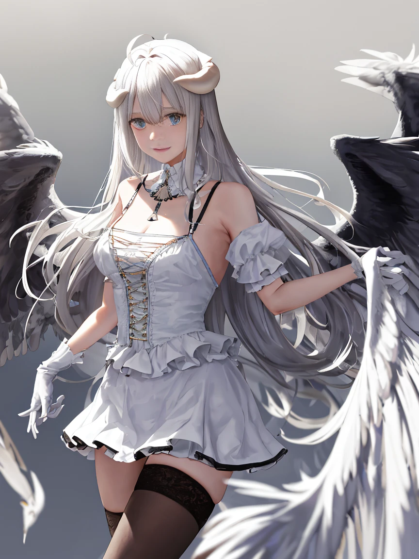 Meisterwerk, best qualit, high res, al1, demon horns, geschlitzte Pupillen, white gloves, white dress, nackte Schultern, Abnehmbarer Kragen, Spaltung, black wings, feathered wings, low wings, Cowboy erschossen, stehend, Verlies, evil smile, Die Hand ausstrecken, Ausgebreitete Arme, ausgestreckte Arme,