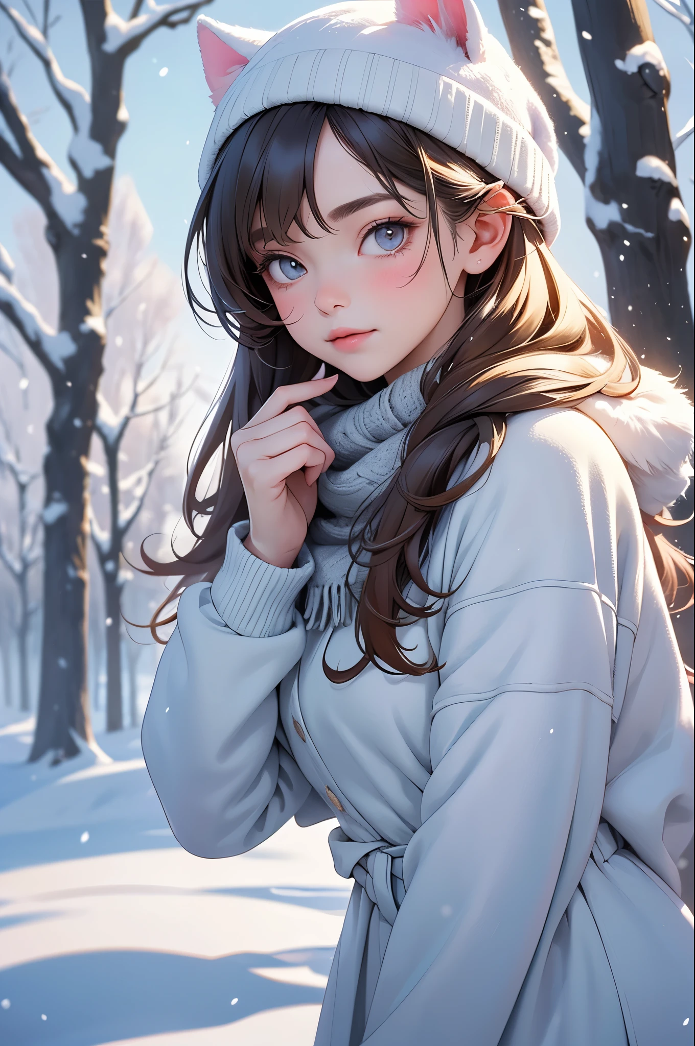(best quality,4k,8k,highres,masterpiece:1.2),ultra-detailed,(realistic,photorealistic,photo-realistic:1.37),A cute cat girl with soft and fluffy white fur, with adorable detailed eyes and delicate pink nose and lips, standing in a snowy landscape. The girl has a sweet and innocent expression, with a hint of curiosity in her eyes. She is wearing a cozy winter outfit, with a knitted hat and scarf that match her fur color, adding extra cuteness to her appearance. The snowflakes are falling gently around her, creating a magical and dreamy atmosphere.

The snow-covered ground is pristine and pure, creating a soft and serene backdrop for the cat girl. The trees and foliage are partially covered in snow, with delicate branches peeking through the white blanket. The sunlight filters through the trees, casting a warm and gentle glow on the scene, enhancing the overall enchanting ambiance.

The color palette is dominated by shades of white and soft pastels, creating a calm and soothing atmosphere. The cat girl's fur is a mixture of whites and creams, with slight hints of pink blush on her cheeks. The landscape is bathed in cool tones of blue and gray, with subtle touches of pale pinks and purples in the sky and clouds.

The lighting is soft and diffused, with a gentle backlight illuminating the cat girl's silhouette, creating a soft halo effect around her. The shadows cast by the trees add depth and dimension to the scene, enhancing its overall realism.

This prompt will deliver a stunning and heartwarming masterpiece, showcasing the beauty of nature and the innocence of the cat girl in the snowy landscape.