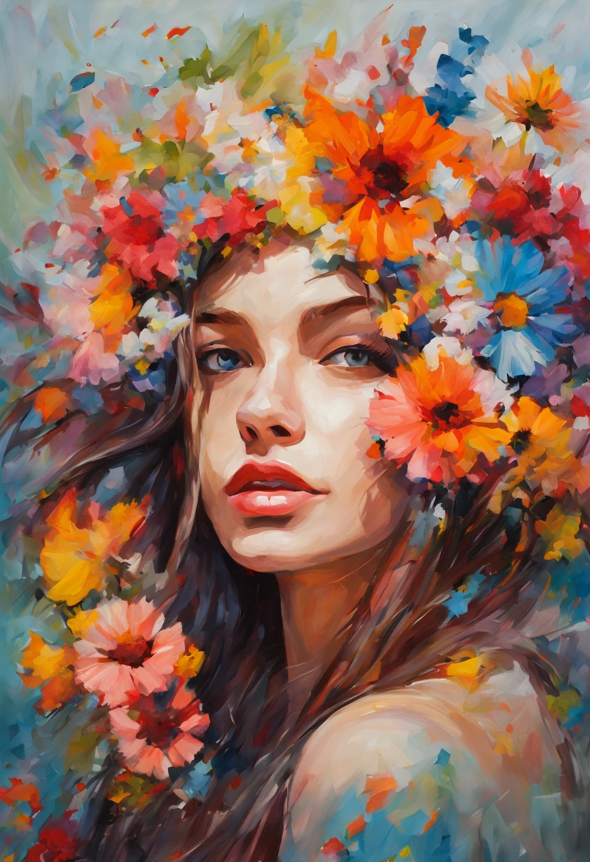 girl in flowers, colorful, oil painting, insane colors, oil colors, high quality, high detail