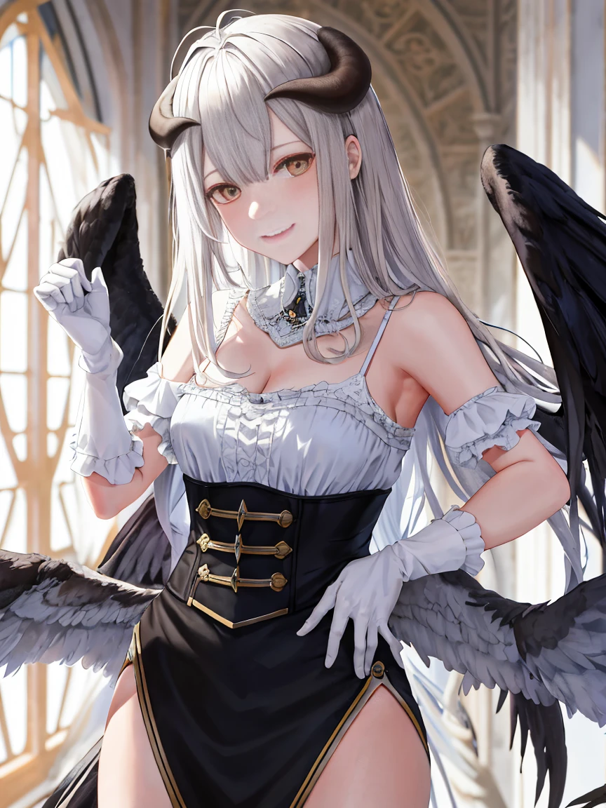 Meisterwerk, best qualit, high res, al1, demon horns, geschlitzte Pupillen, white gloves, nackte Schultern, Abnehmbarer Kragen, Spaltung, black wings, feathered wings, low wings, Cowboy erschossen, stehend, Verlies, evil smile, Die Hand ausstrecken, Ausgebreitete Arme, ausgestreckte Arme,