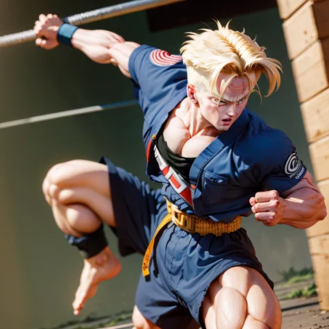 Trunks beim Karate Training, Bodybuilding body,zerfetzter Karate Gi, strongest in the world, Barefoot, Full body image, 