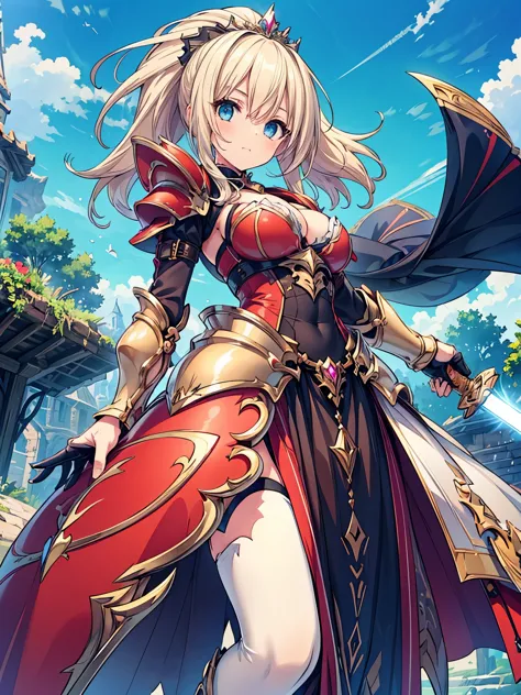 (masterpiece), best quality, expressive eyes, perfect face,1girl, holding sword by two hands over her head, a female knight in metal armor, red_outfit, white_armor,cropped shoulders armor, plate armor, armor dress,gauntlets, Blonde hair,high ponytail,Blue ...