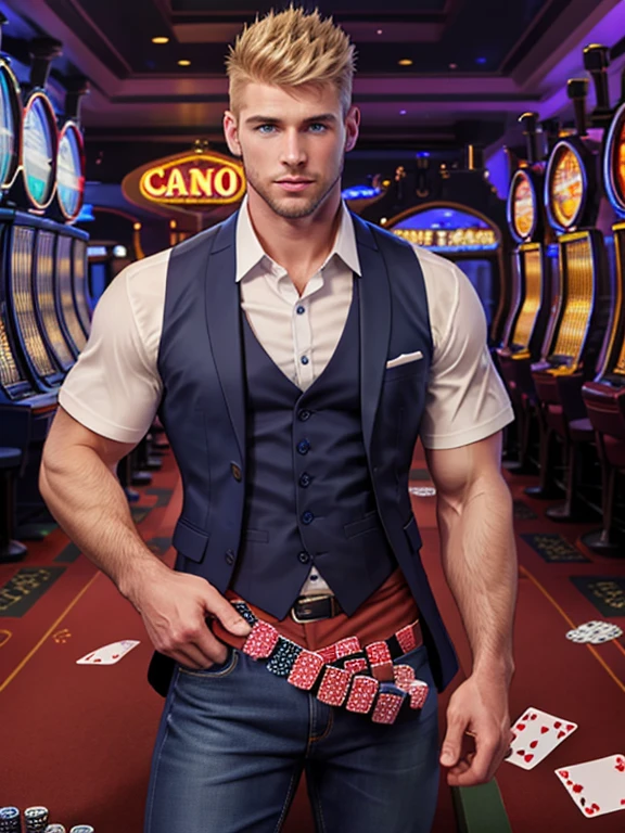 Photorealistic, full view.  A handsome, young, fit Caucasian man, with short, blond hair with shaved sides, and blue eyes, wearing a salmon-colored Polo shirt, and blue jeans playing at a blackjack table in a casino.  A young, handsome, very muscular Caucasian artist with shaved brown hair, blue eyes, and stubble, wearing a white dress shirt, with a red formal vest, and dark pants, dealing the cards.