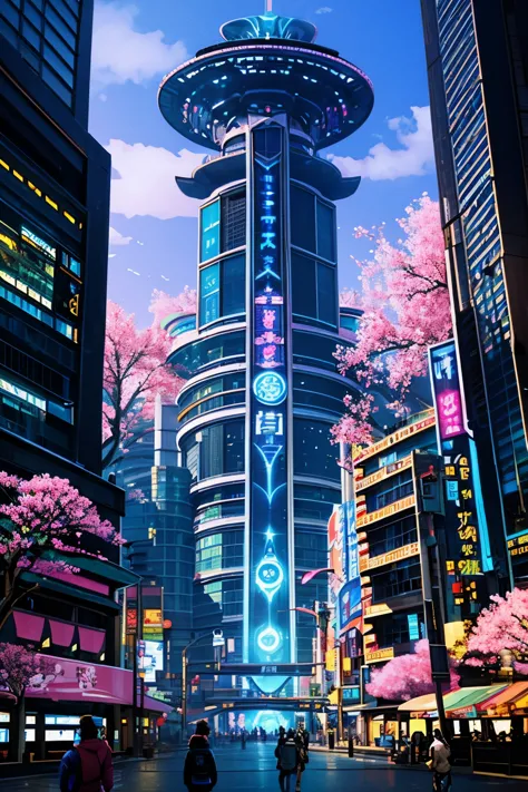 huge metropolis, modern cyber-punk, solar-punk, traditional Japanese style, coexisting races, diverse architecture, bustling cit...