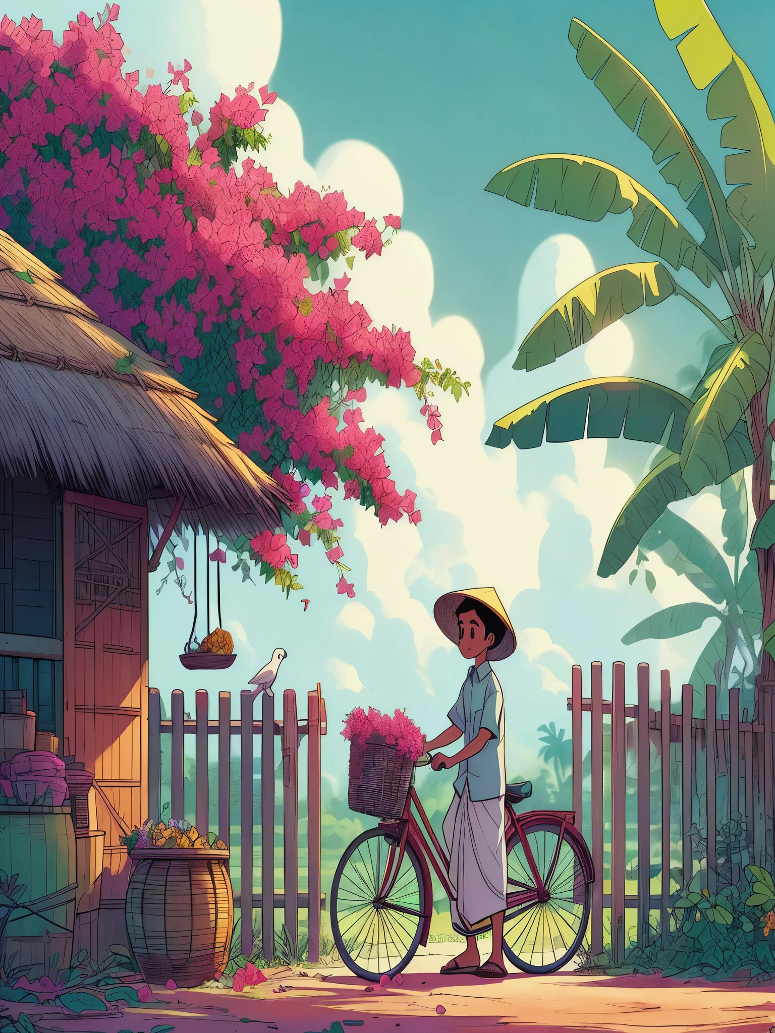 Dessinez un dessin animé simple de style Tintin d'un garçon indien sur son vélo cueillant des fleurs de bougainvilliers devant une hutte, Bananiers, escrime, ombre, Verdure, des nuages, Beau ciel, belle palette de couleurs,