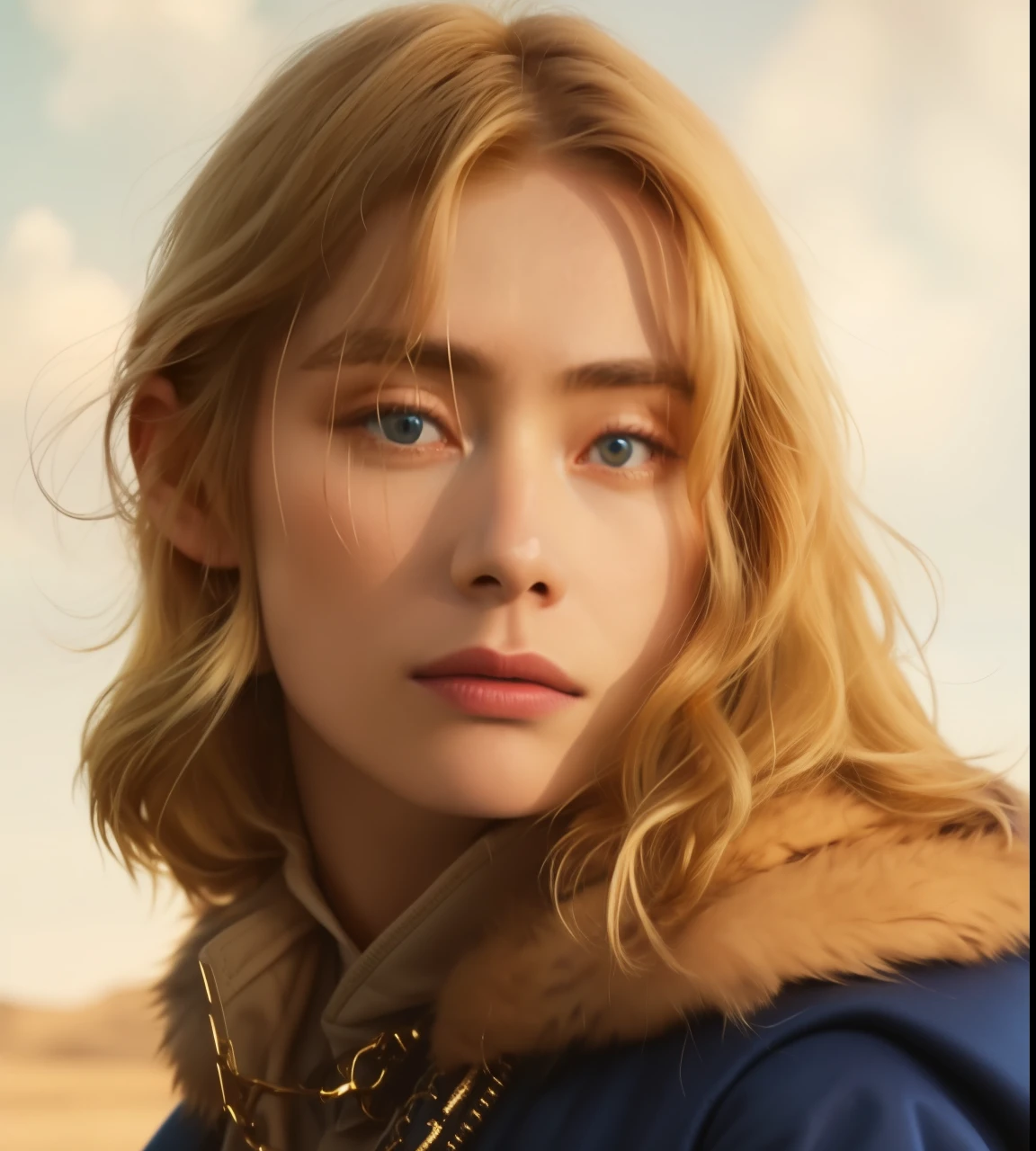 Blond man in blue jacket and fur collar looking at camera., Saoirse Ronan, miranda otto como eowyn, imogen poots as holy paladin, Imogen Poots Paladin, imogen poots como un guerrero santo, imogen poots as a paladin, # movie, imagen de avatar, fotograma de una movie de acción real, Motores mortales