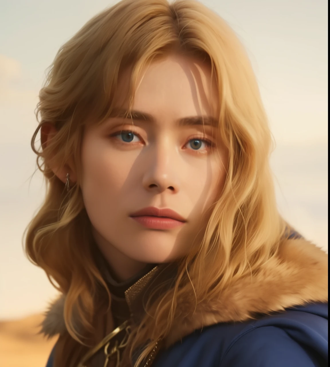 Blond man in blue jacket and fur collar looking at camera., Saoirse Ronan, miranda otto como eowyn, imogen poots as holy paladin, Imogen Poots Paladin, imogen poots como un guerrero santo, imogen poots as a paladin, # movie, imagen de avatar, fotograma de una movie de acción real, Motores mortales