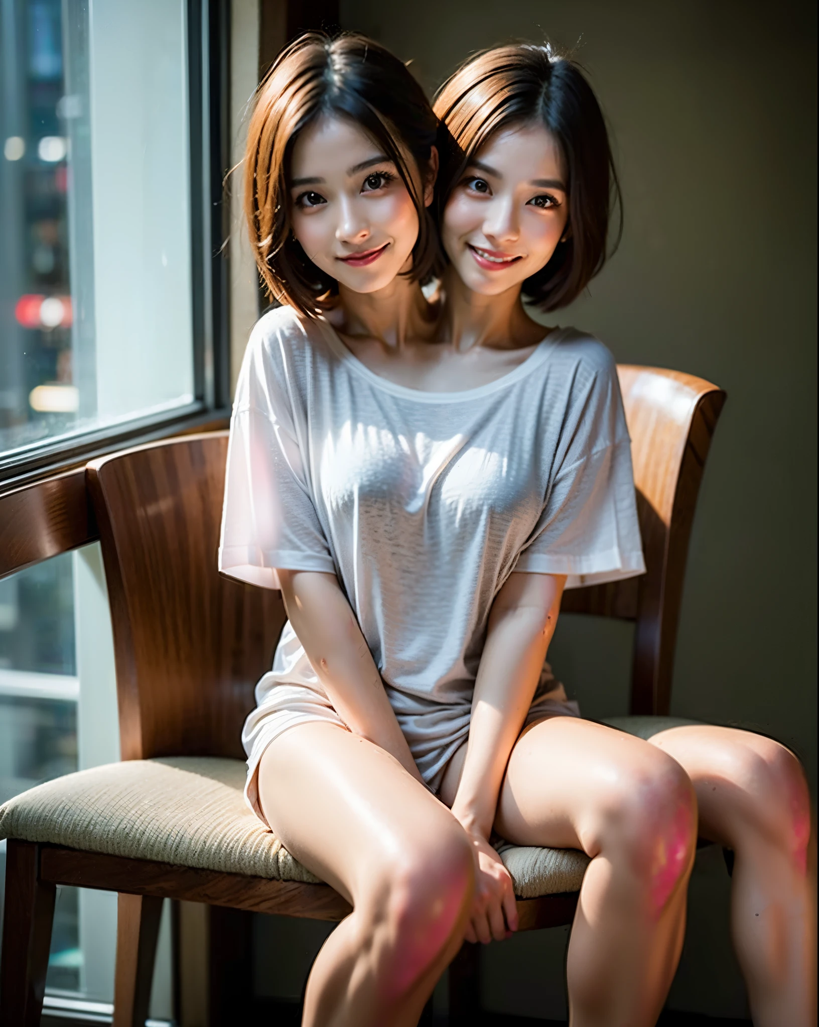 (2heads), best quality, face focus, soft light, (depth of field) ,ultra high res, (photorealistic:1.4), RAW photo, (moody lighting, night:1.2), bedroom,
(upper thigh:1.4)
1japanese girl, solo, cute, kawaii, (shy, smile:1.1), (brown eyes), natural face, (short hair),
(sit on gray linen chair)
BREAK
(white naked oversize t-shirt:1.2)
