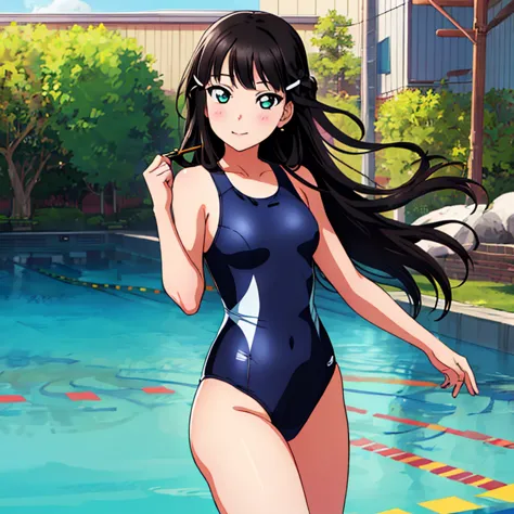 best quality, very aesthetic, Super detailed, best illustration, 1girl, one-piece swimsuit, black_hair, long_hair, dia kurosawa