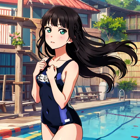 best quality, very aesthetic, Super detailed, best illustration, 1girl, one-piece swimsuit, black_hair, long_hair, dia kurosawa