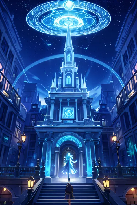 Magical Capital's esteemed magical academia, exterior architecture blending modern cyber-punk and solar-punk elements with tradi...