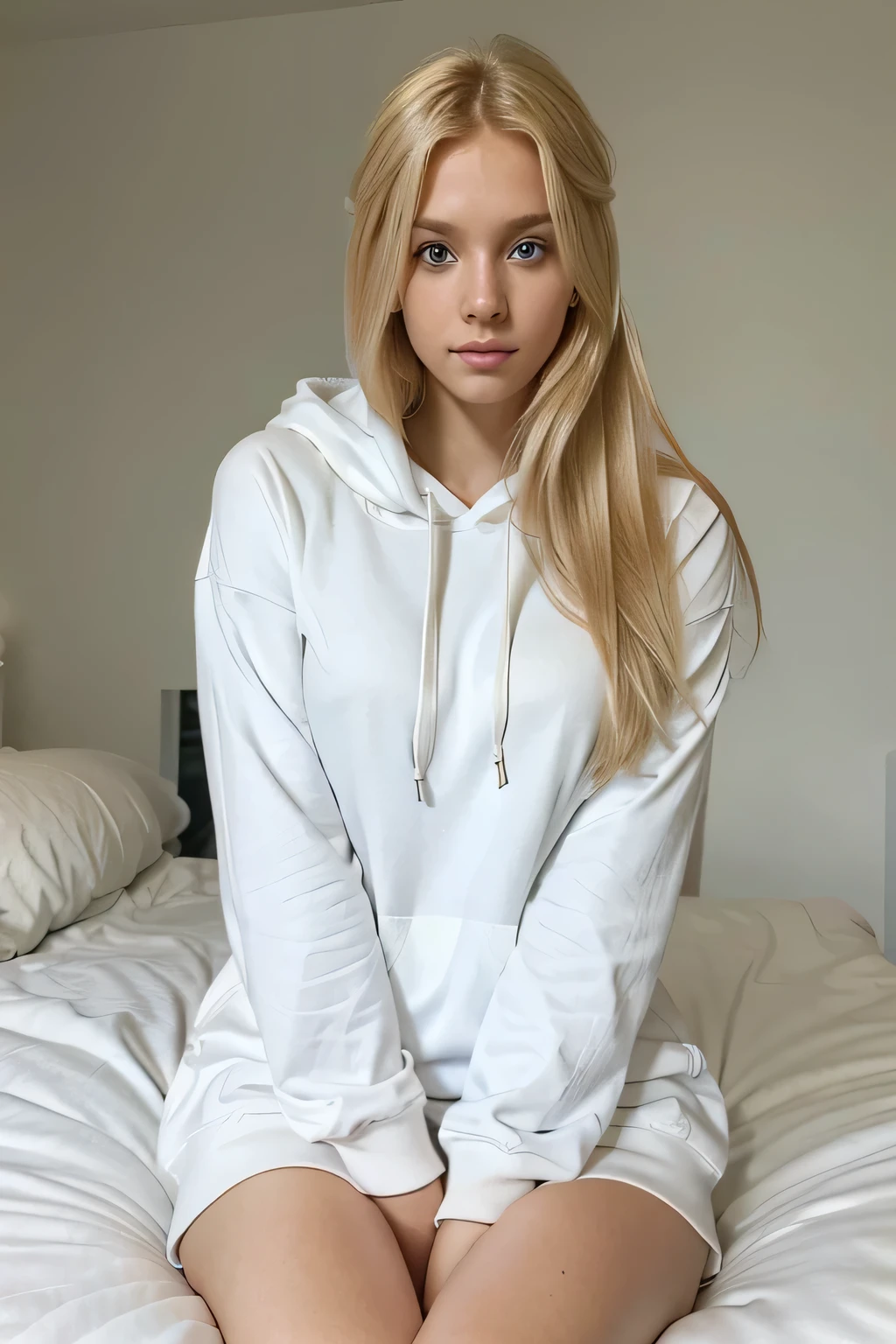 Arafed blonde woman sitting on a bed in a white hoodie - SeaArt AI