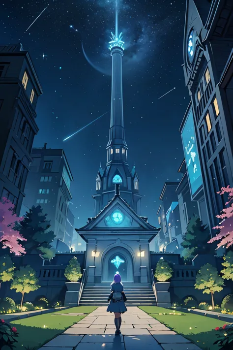 magical capital's esteemed magical academia, exterior architecture blending modern cyber-punk and solar-punk elements with tradi...