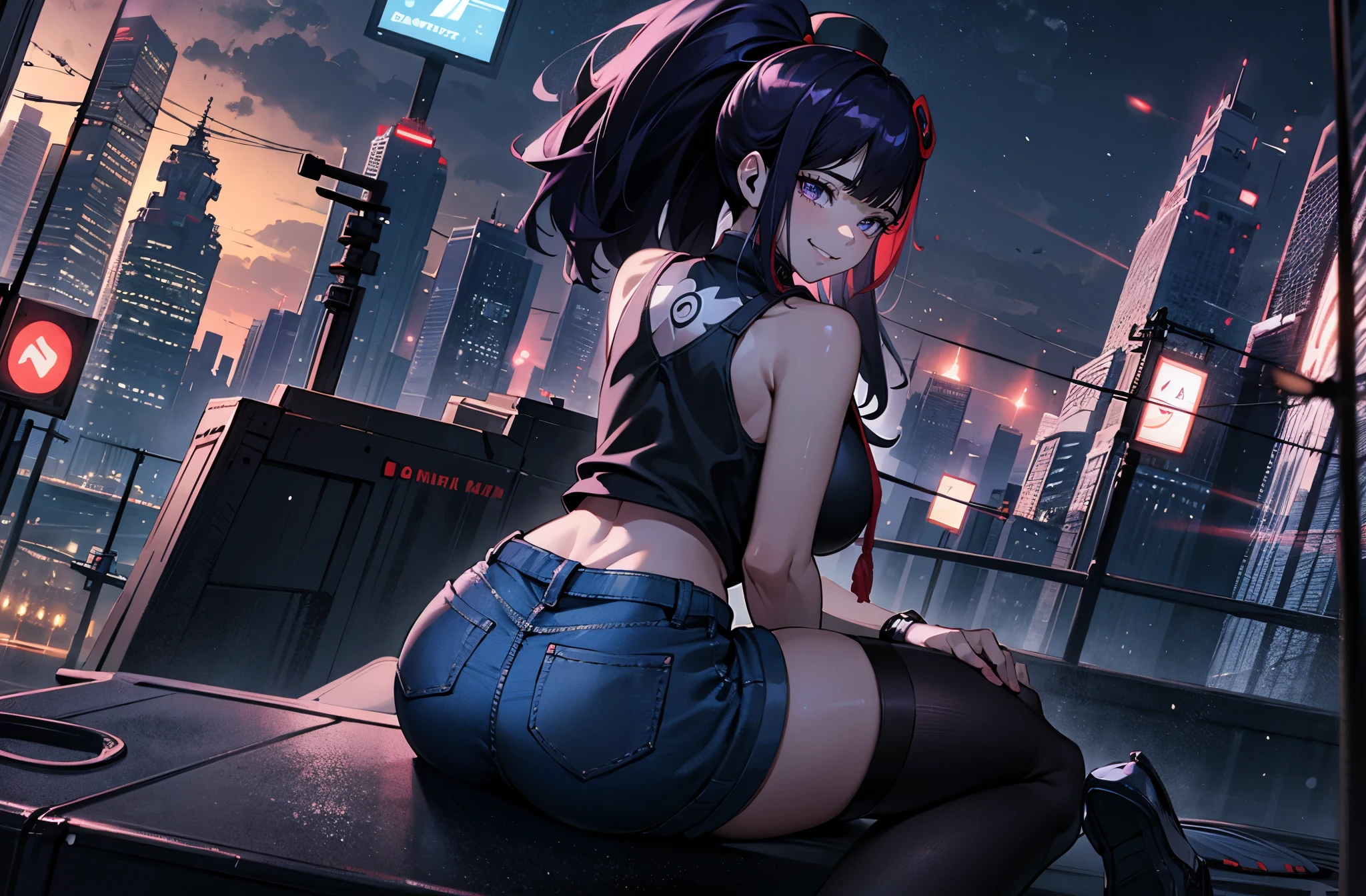 best quality, nighttime, bustling streets, neon lights, urban skyline, reflective surfaces, vibrant colors, lively atmosphere, black hair, purple_eyes hair oranament, smirk, upper teeth, looking at viewer, shorts, 1girl, hat, ponytail, ass, thighhighs, looking_back, denim_shorts, sitting, long_hair, city, solo, sleeveless, building, short_shorts, from_behind, bare_shoulders, outdoors, looking_at_viewer, breasts, black_legwear, back
