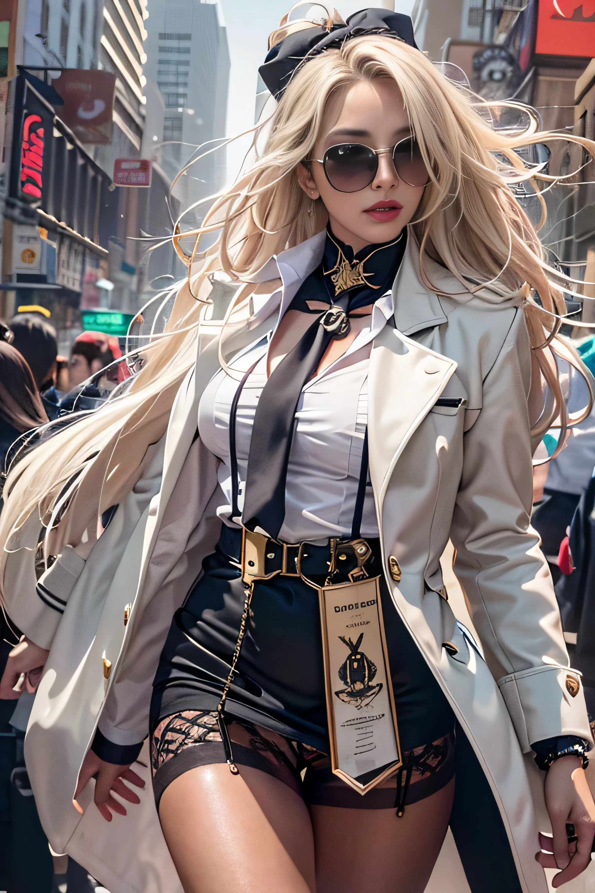 (Woman walking the streets of New York),realistic, High resolution, 1 female, alone, sexy,golden white straight hair、 hip up, show viewer, (detailed face), jewelry,Wearing Ravan sunglasses,(white long coat)、(black underwear),(Black garters and garter belts、black stockings)、