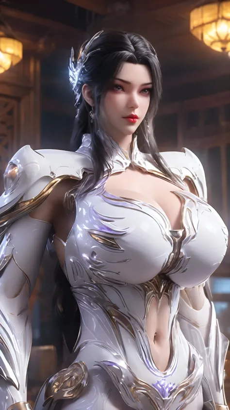 UPPER BODY,SOLO,(PHOENIX GOLD HELM:1.1), (GIGANTIC FAKE BREAST:1.5), ((CLEAVAGE:1.5)), (MUSCLE ABS:1.5), [(WHITE PURPLE SHINY FU...