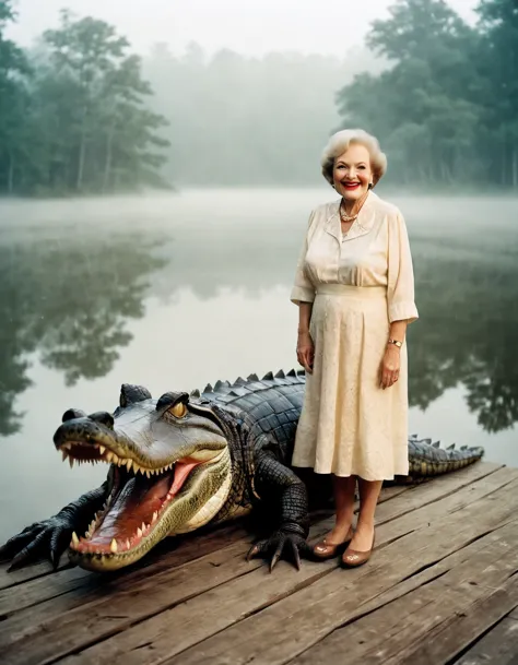 Analog photo of Betty-white on a dock in a lake, feeding giant Alligator, Peasant-Dress, smiling, fog, mist, forest, nighttime, flash (detailed, film grain, high saturation) high quality