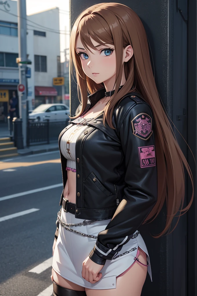 una Rebecca vestida con ropa punk, mujer madura, pelo largo castaño claro, blue eyes, grande , [ arte digital 4k ]!!, chica anime seductora, deviantart estación de arte cgscosiety, tendencia en cgstation, Arte detallado de alta calidad 8k, render fotorrealista de chica anime, renderizado kawaii hq, comisión de alta resolución