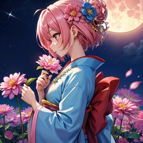 huge moon、1 girl, alone, short hair, hair ornaments, jewelry, kimono, Upper body, flower, pink hair, hair flower, necklace,, pro...